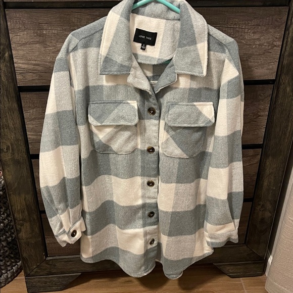 Love Tree Sage and Cream Checkered Shirt Jacket - Picture 1 of 3